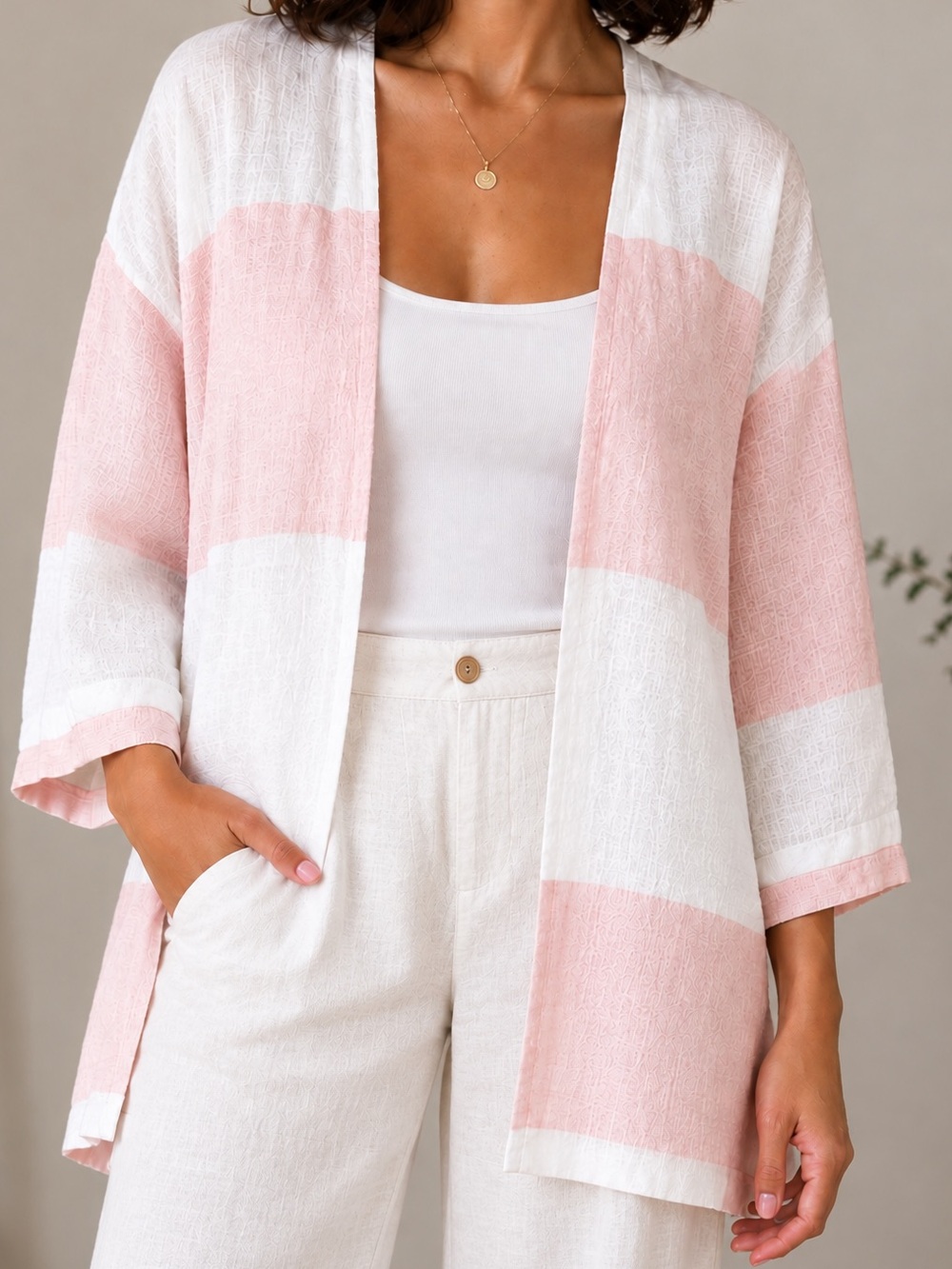 Made In Italy Linen Striped Cardigan in Blush and White